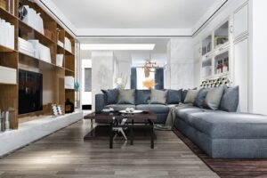 Home 3d rendering wood classic living room with marble tile and bookshelf and sofa